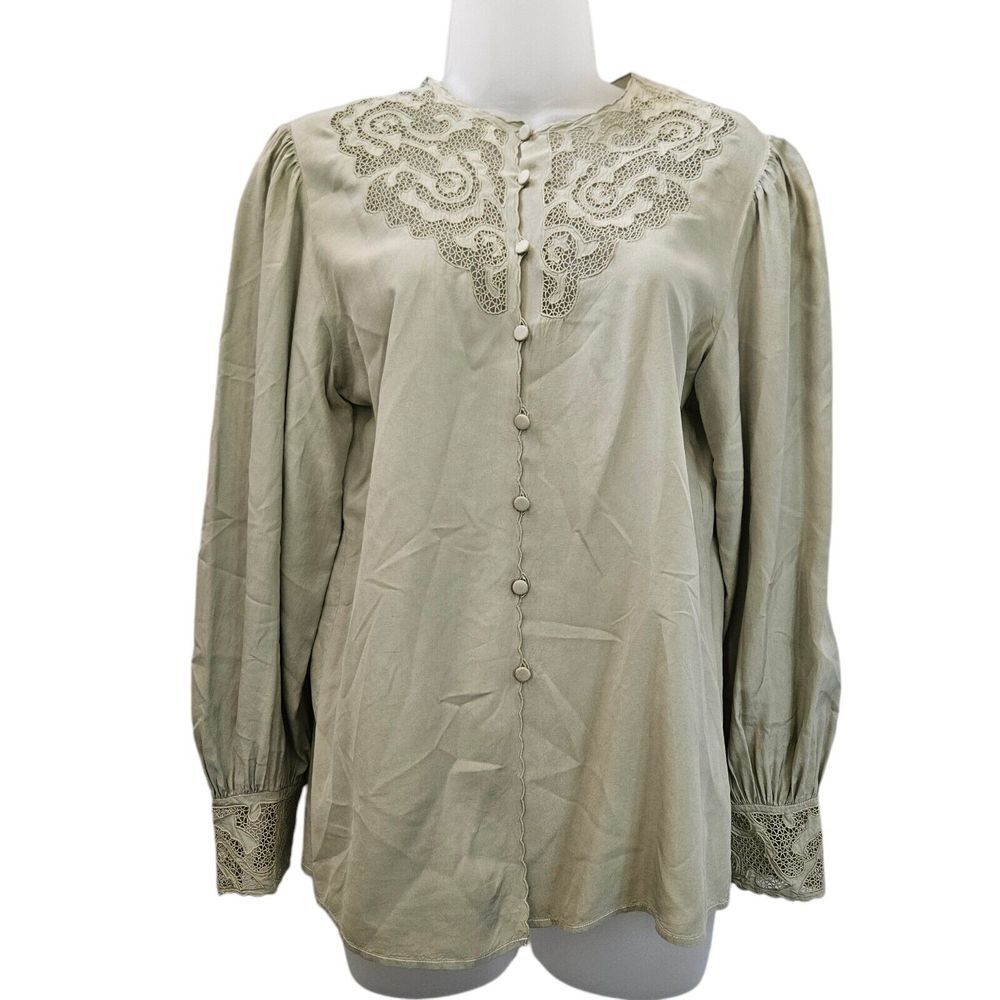 Womens Top 8 Hand Embroidered 100% Silk Long Sleeve Blouse Button Luxury Cottage